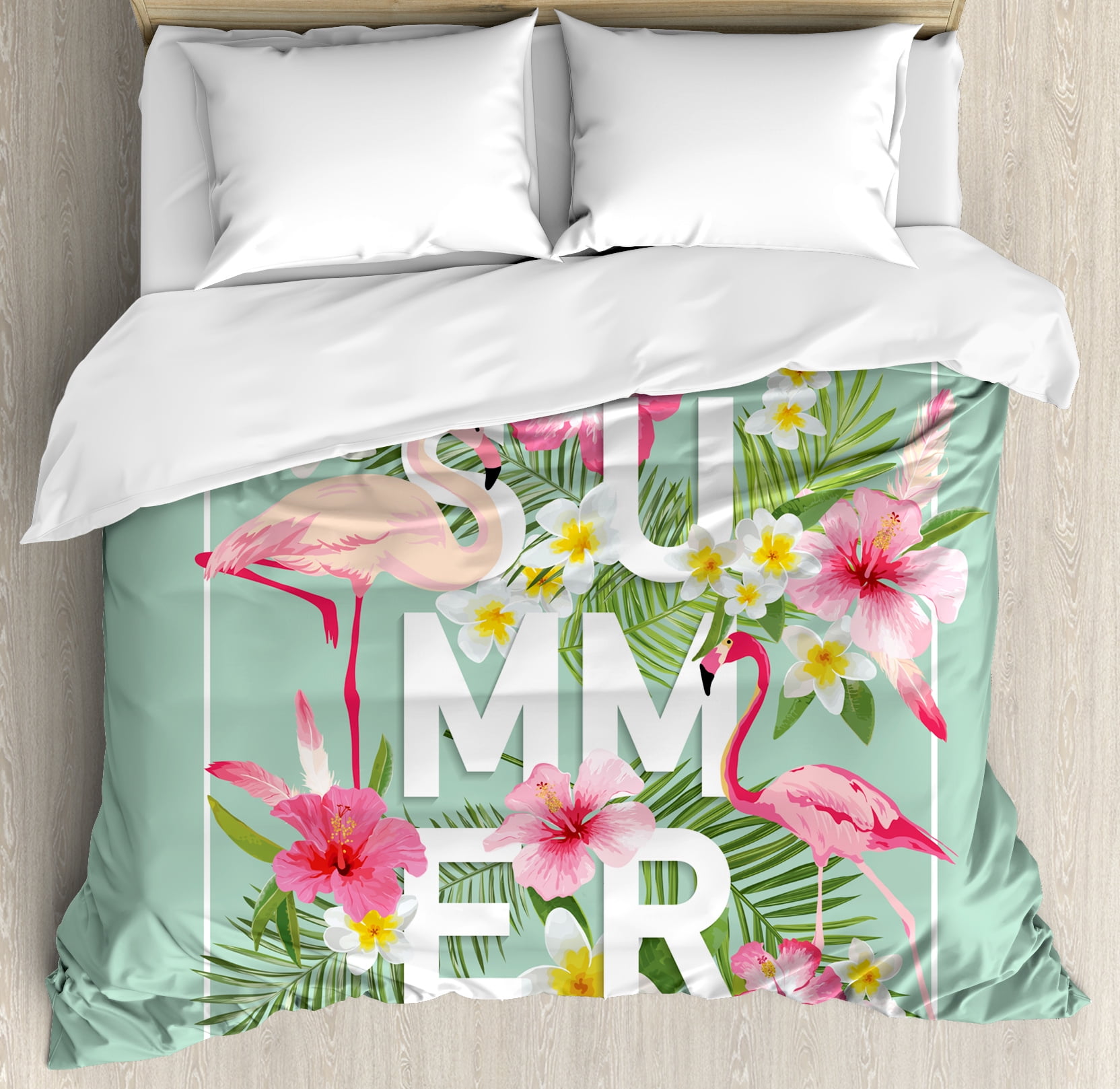 Floral Duvet Cover Set Tropical Flower With Flamingos Retro