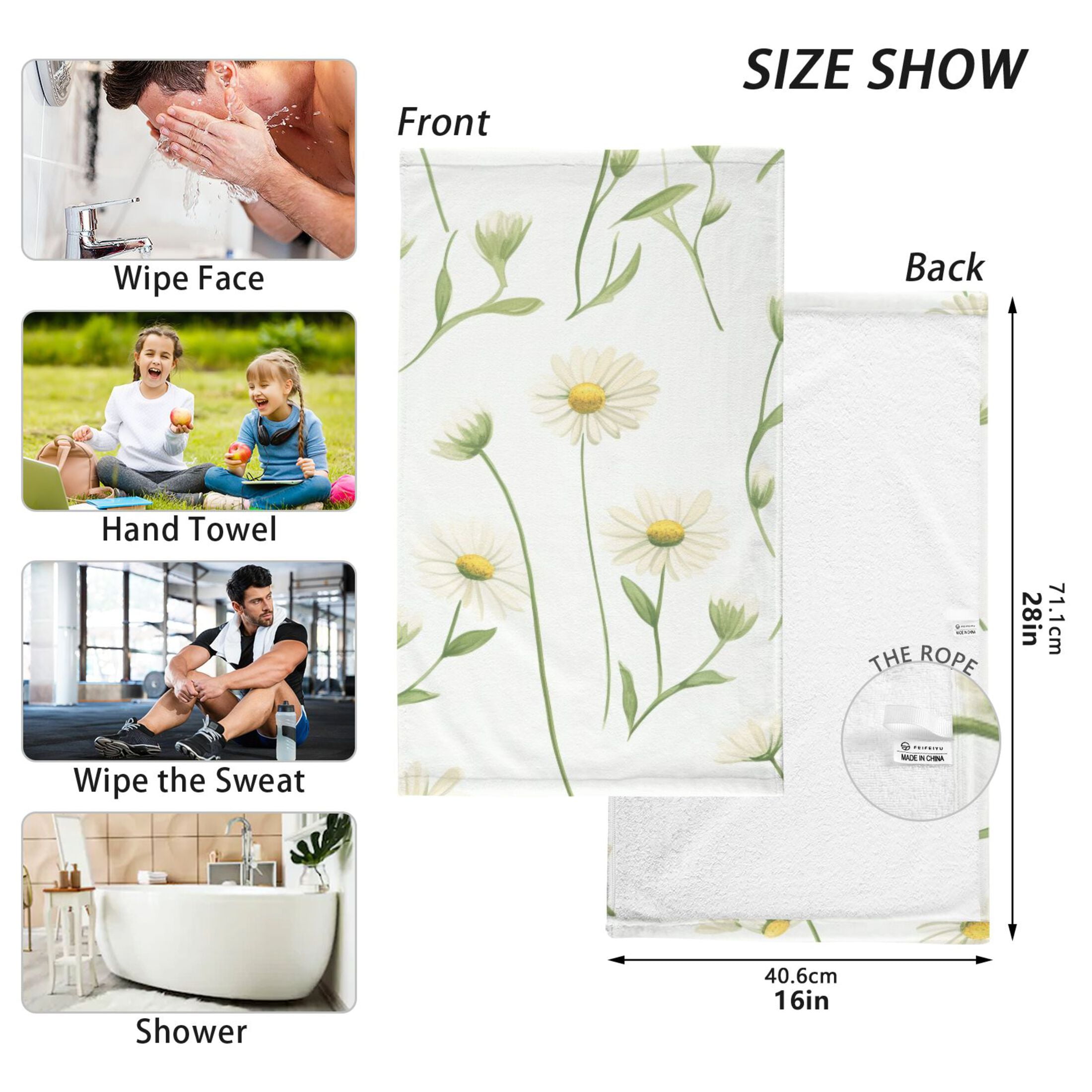 2 Pcs Hand Towel Set Cute Daisies and Leaves Cotton Absorbent Soft Face Towels Bath Towels for Bathroom Kitchen Shower Hotel Decor 16"x28"