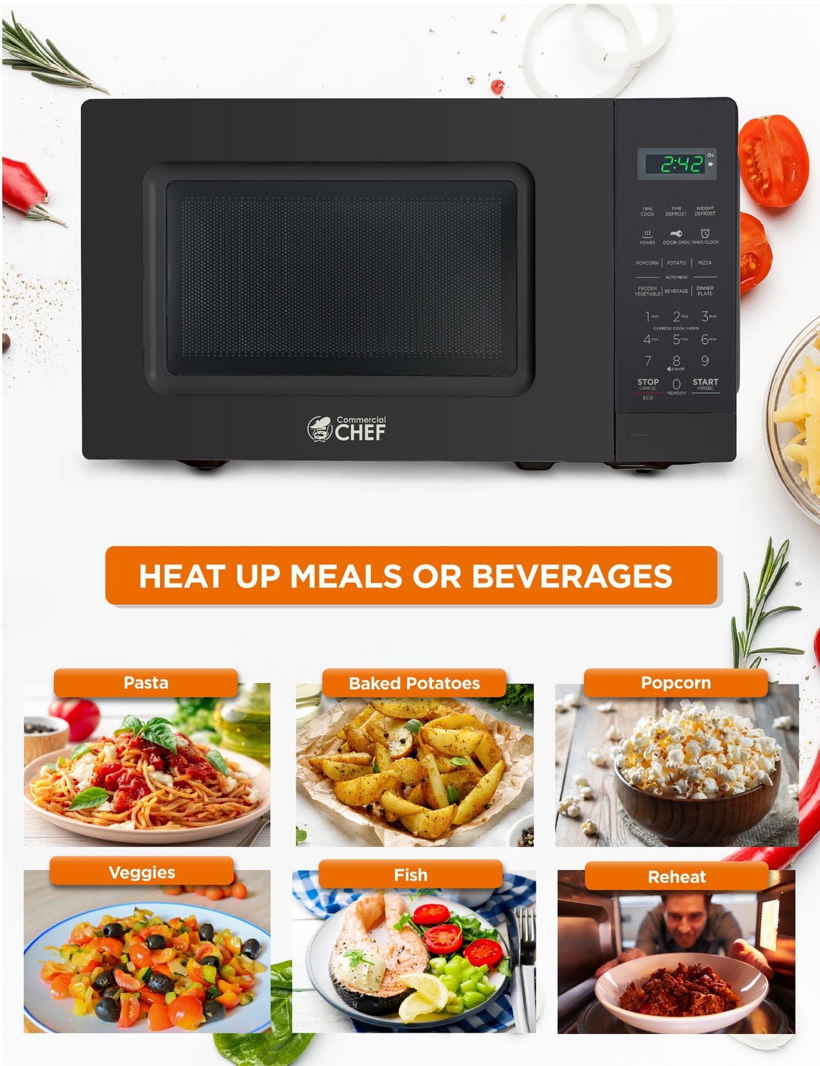 Commercial Chef 0.7 Cu Ft Microwave with 10 Power Levels, 700W Microwave with Digital Display, Countertop Microwave
