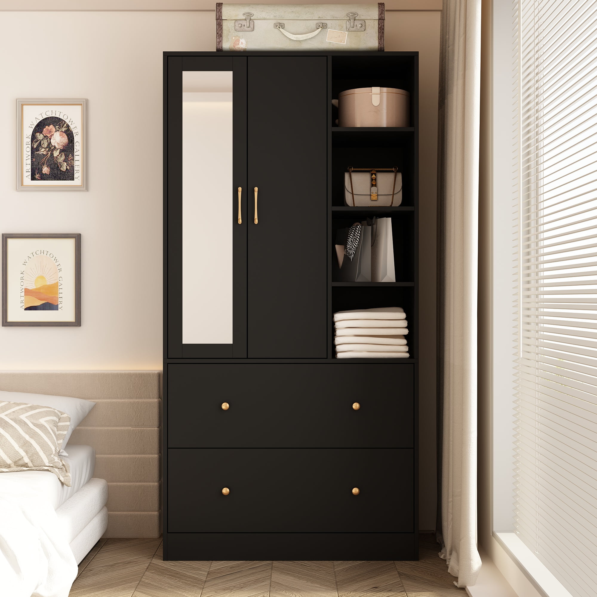 FUFU&GAGA Furniture Black Wardrobe Armoire with Mirror, Extendable Hanging Rod, Open Shelves