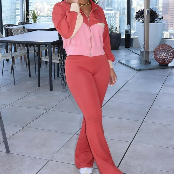 Ailaofu Womens 2 Piece Outfits Color Block Long Sleeve Jacket Top Slim Pants Casual Going Out Tracksuit