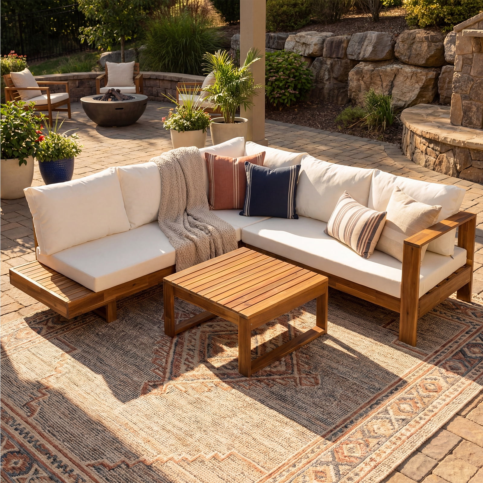 YIYADO Outdoor 4-Piece Acacia Wood Sectional Patio Sofa Set, Modular Outdoor Furniture with Water-Resistant Cushions & Side Table for Patio, Garden, Deck
