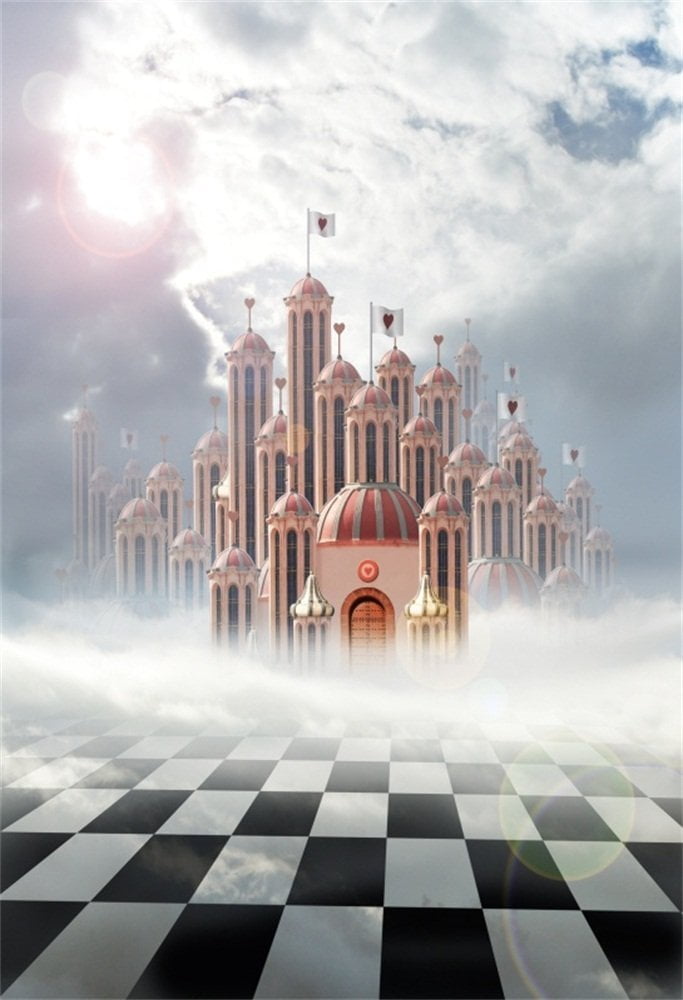 ZHANZZK 5x7ft Backdrop Photography Background Queen Hearts Palace Wonderland Illusion Sky Castle Clouds Black and White Mosaic Floor Kids Chil