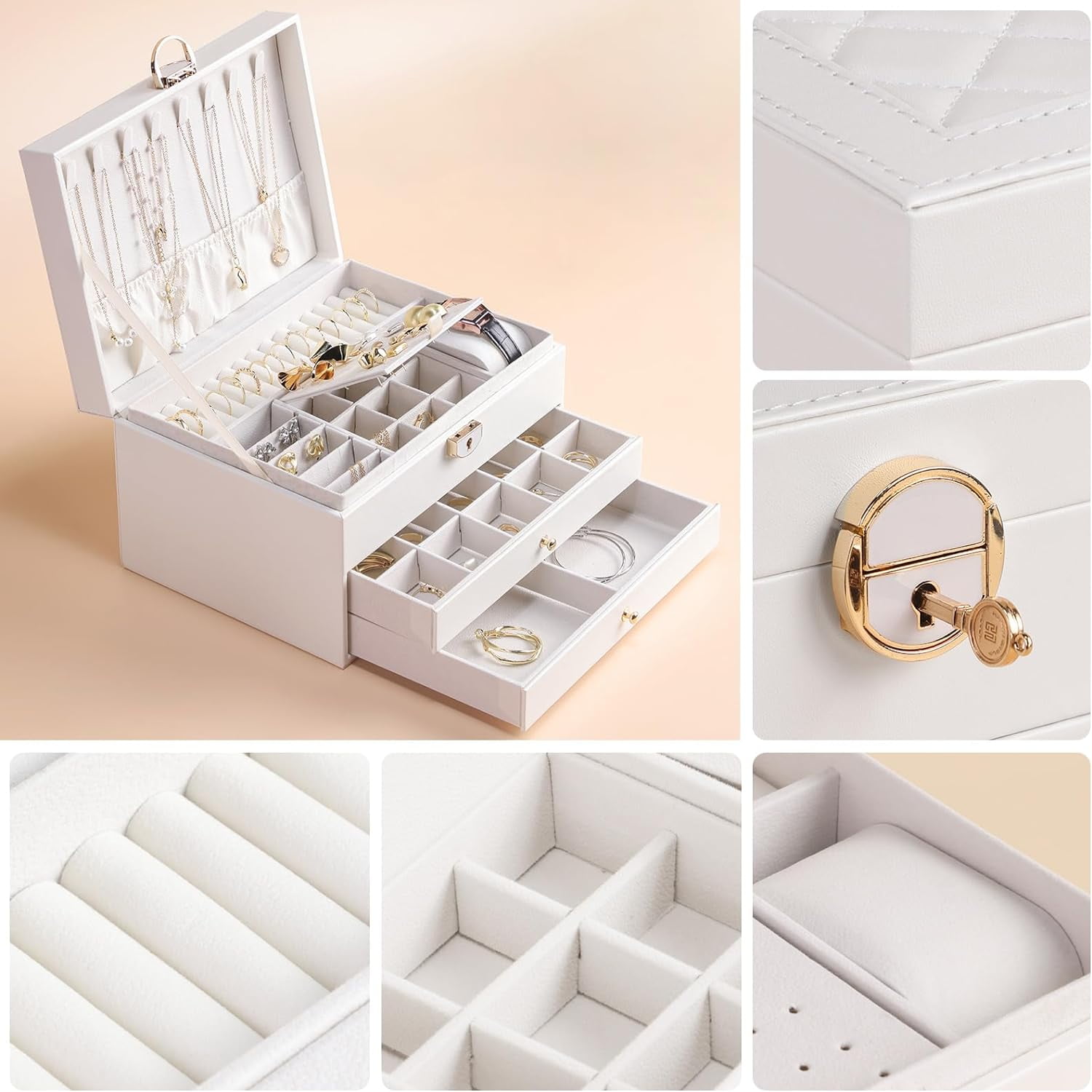 Christmas Gift for Women,Large Jewelry Box for Women Girls, 3 Layer Large Jewelry Boxes & Organizers, PU Leather Jewlwey Display Holder with Removable Tray for Earrings Rings Bracelets,Pink