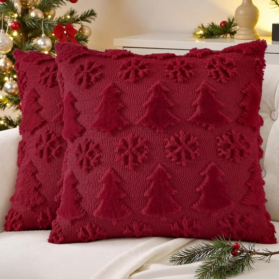 decorUhome Christmas Tree Snowflake Throw Pillow Covers 18x18 Pack of 2, Soft Plush Faux Wool Couch Pillow Covers, Christmas Red