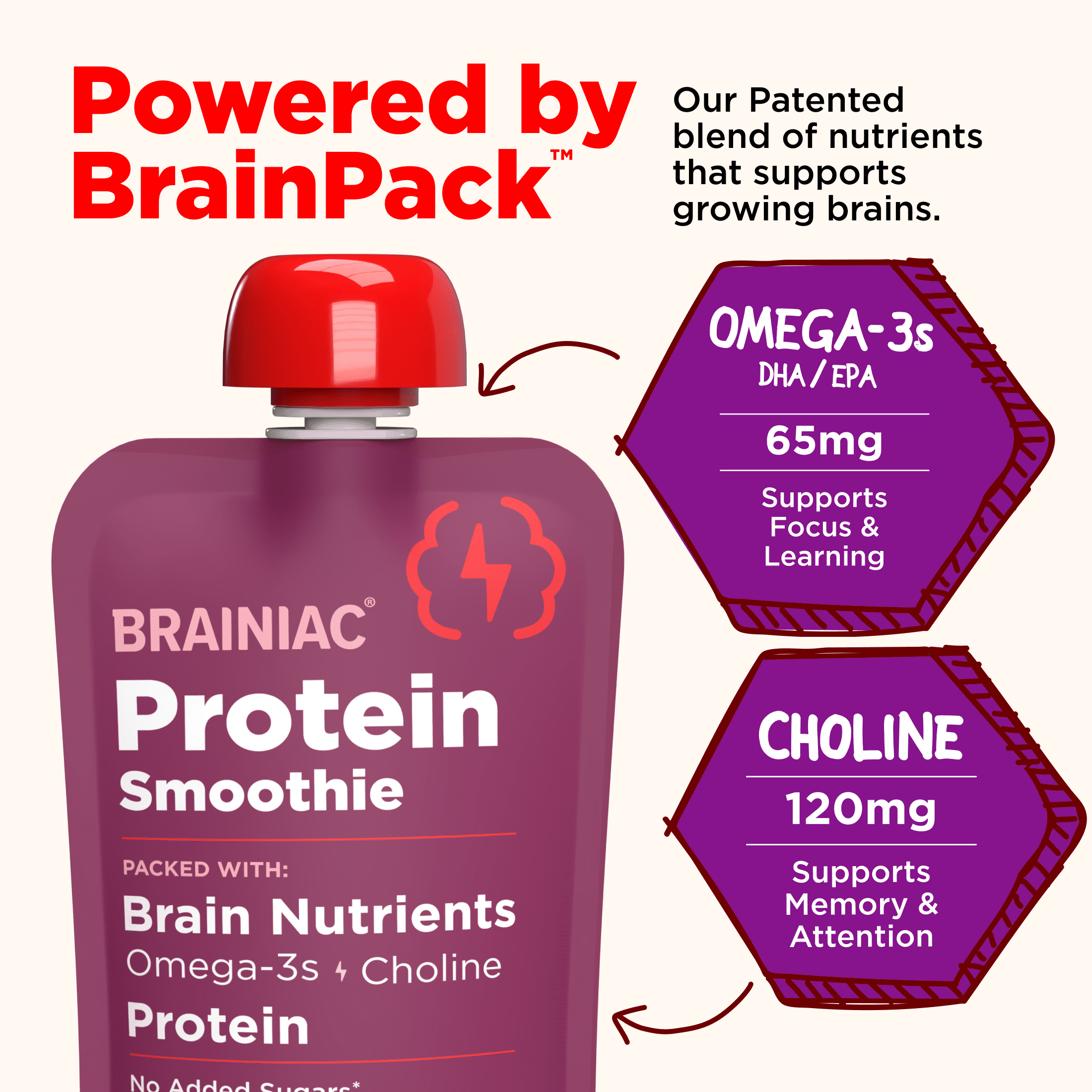 Brainiac Protein Smoothies with Omega-3s, Strawberry Banana, No Sugar Added, 4 oz, 4ct