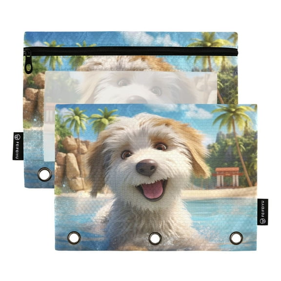 2 Pack Pencil Pouch for 3 Ring Binder Zipper Pencil Case Dog in Water Clear Window Pencil Bag Organizers