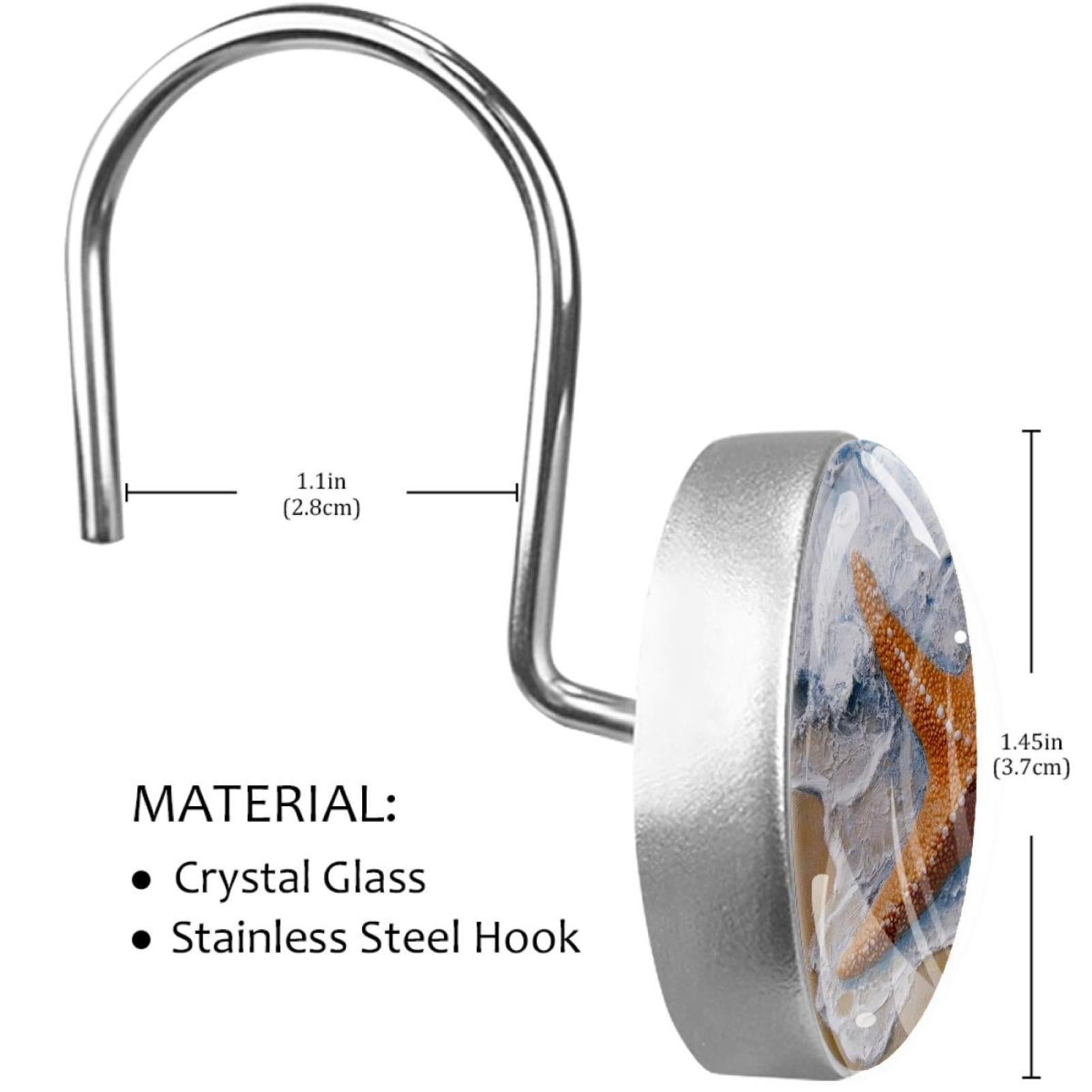 Starfish Beach Painting Shower Curtain Hooks Round Crystal Glass, Set of 12 Shower Curtain Rings - Shower Hooks for Curtain Shower Rings