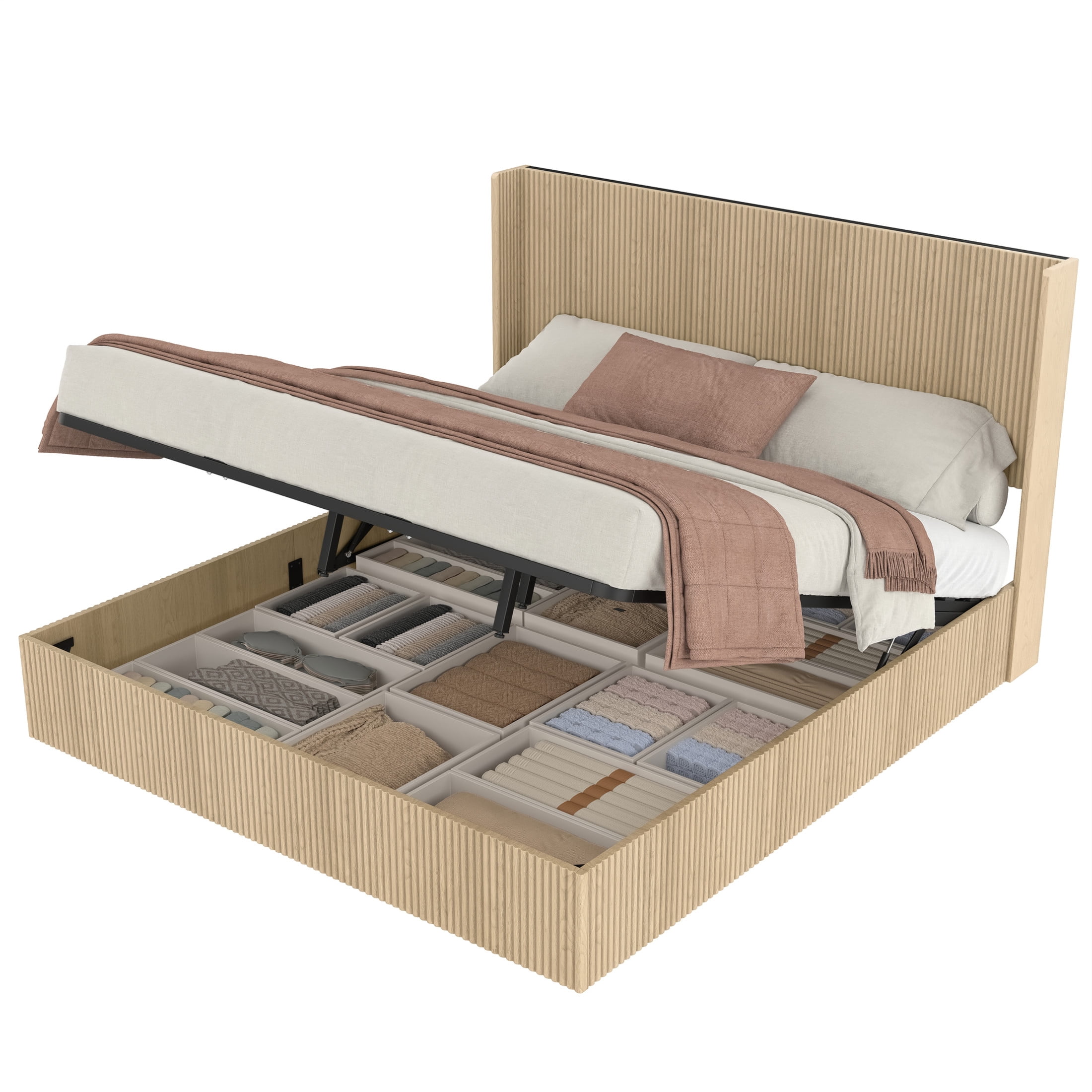 Noble House King Size Lift-Up Storage Bed Frame with Wood Headboard, Platform Bed, Oak