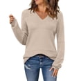 thumbnail image 2 of Long Sleeve Tops for Women Womens 2025 Fall Sweaters Casual Long Sleeve Ribbed Knit Pullover V Neck Lightweight Crochet Pullover Sweater Top Womens Tops Beige M, 2 of 7