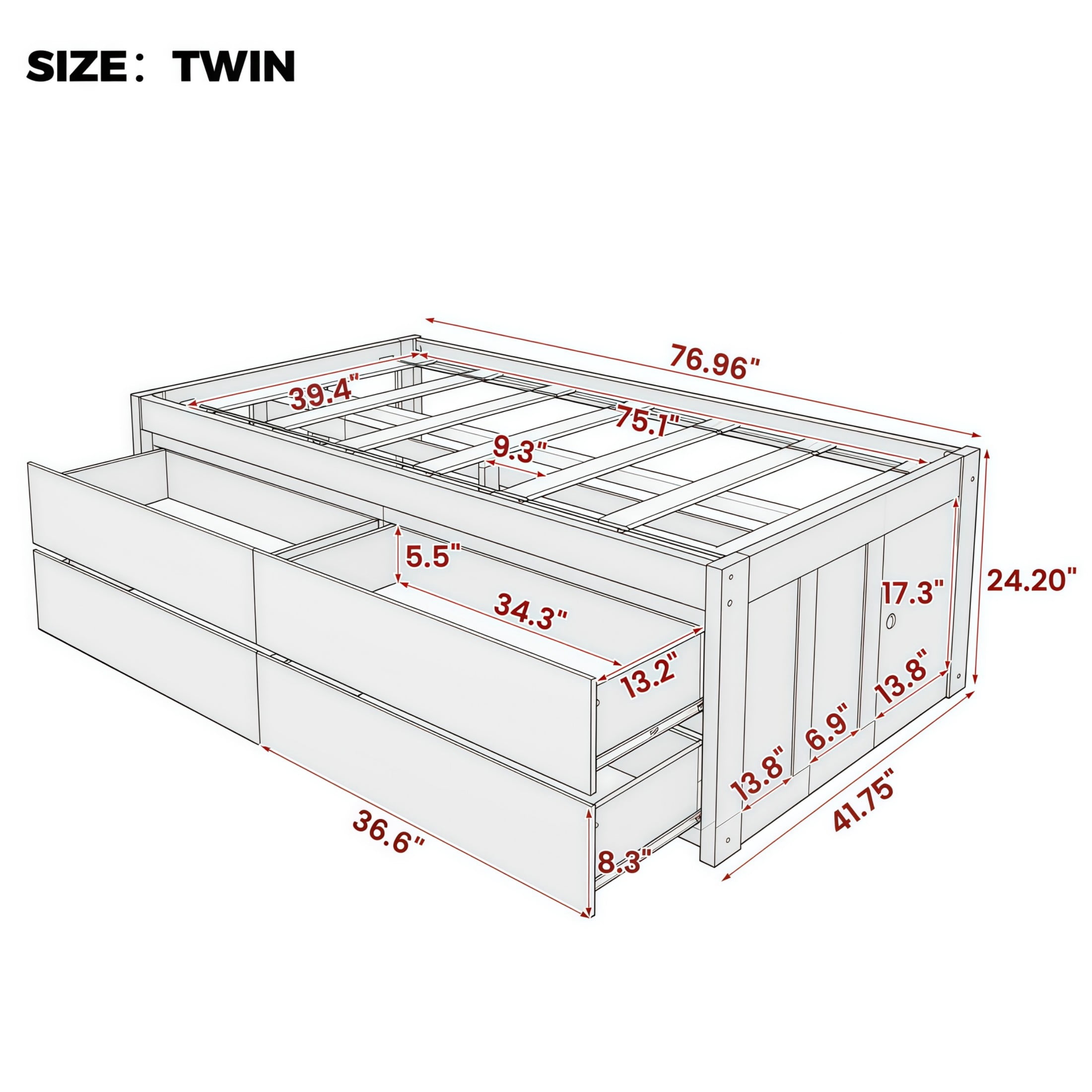 GDF Studio Tyler Twin Size Captain Bed with Storage Drawers & Side Door, Modern Space-Saving Bed for Kids, White