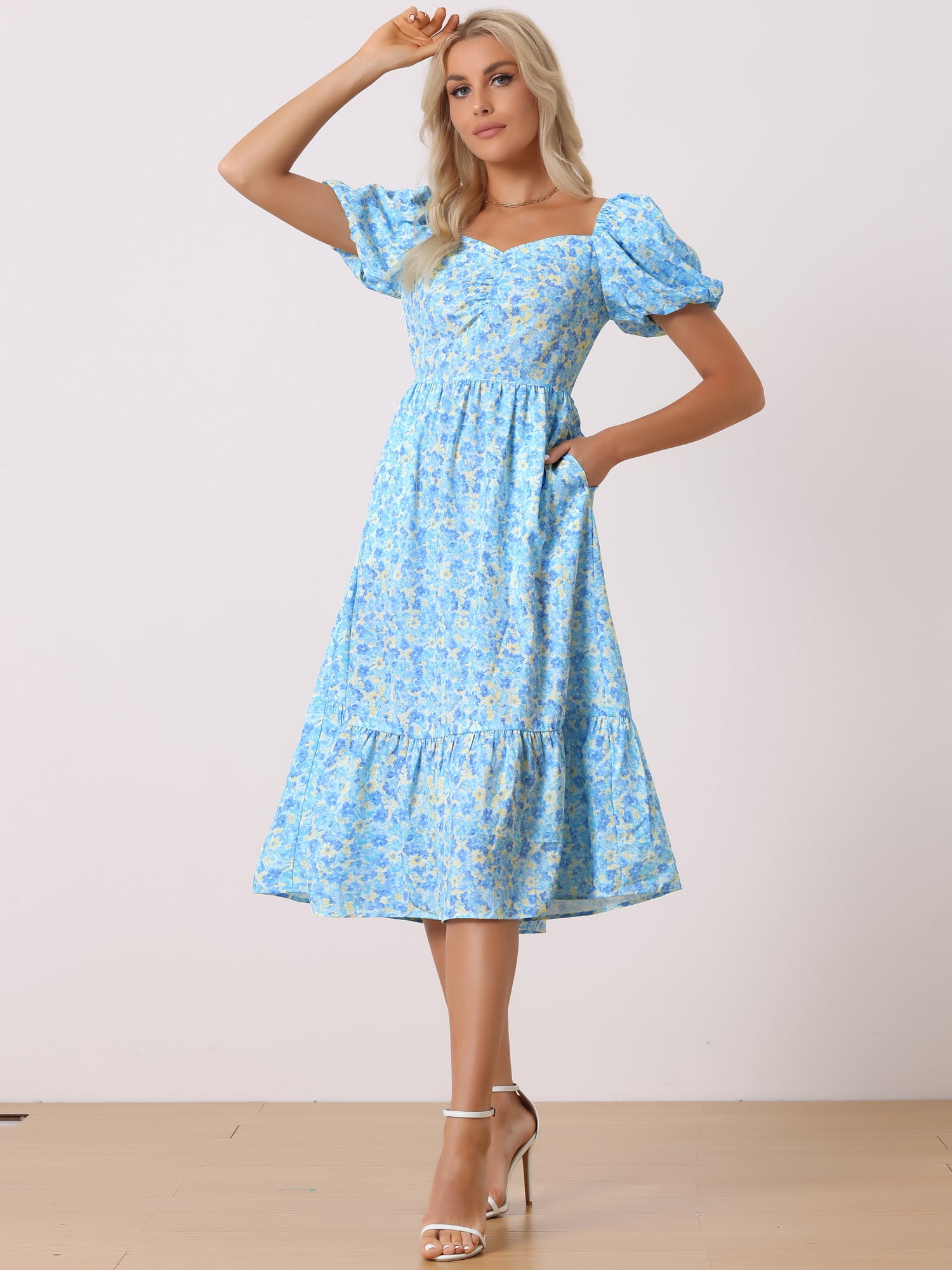 DARING DIVA  Boho Floral Print Midi Puff A-Line Dress XL Blue