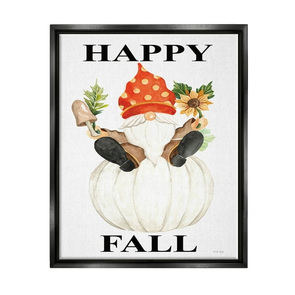 Happy Fall Whimsical Gnome Holiday Graphic Art Jet Black Framed Art Print Wall Art