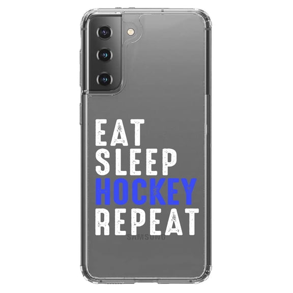 DistinctInk Clear Shockproof Hybrid Case for Galaxy S21  PLUS 5G (6.7" Screen) - TPU Bumper Acrylic Back Tempered Glass Screen Protector - Eat Sleep Hockey Repeat