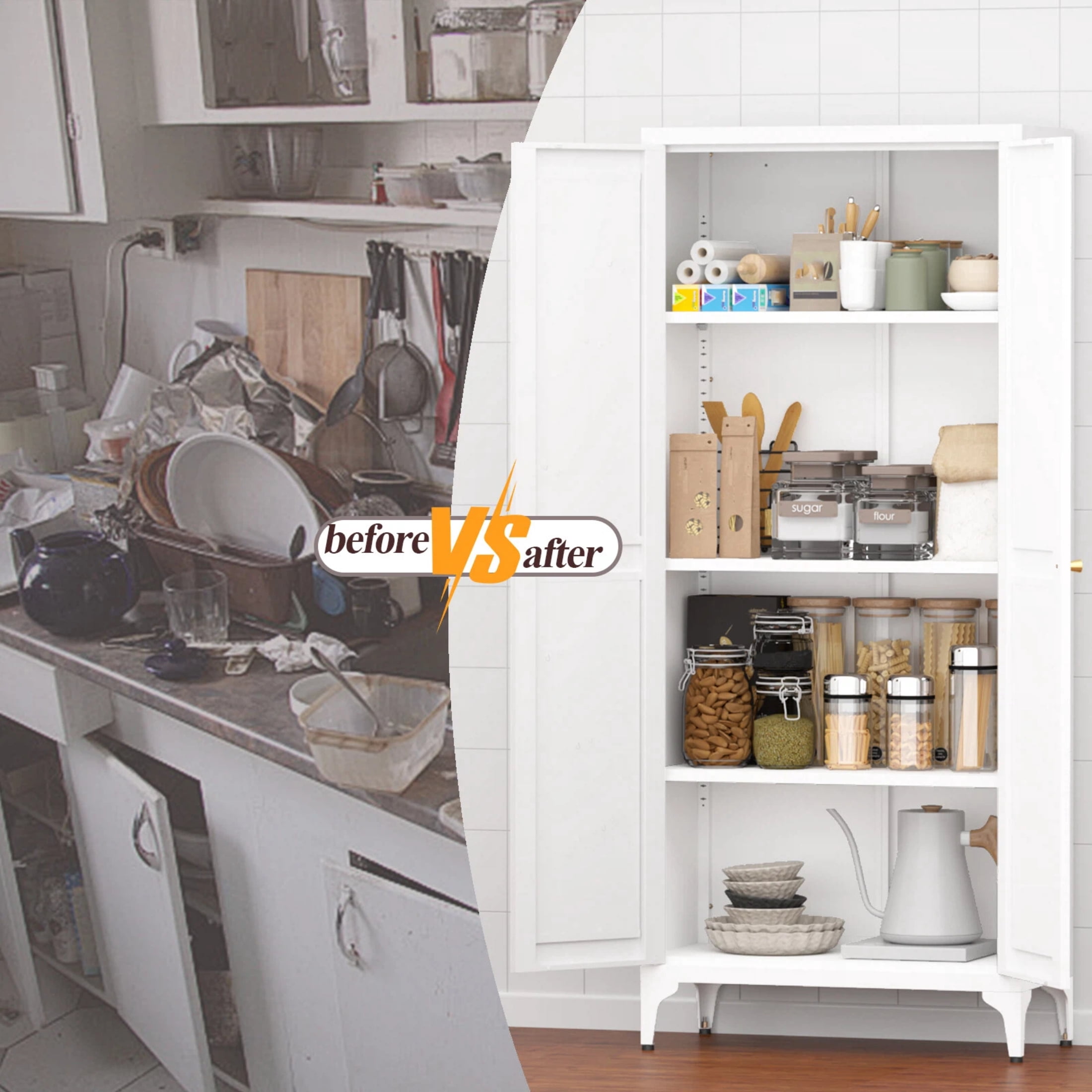 AISWORD 61 Inch Metal Kitchen Pantry Cabinet, Freestanding Storage Cupboard with 3 Adjustable Shelves, 4-Tier Tall Storage Cabinet for Kitchen Bathroom Laundry Garage, White