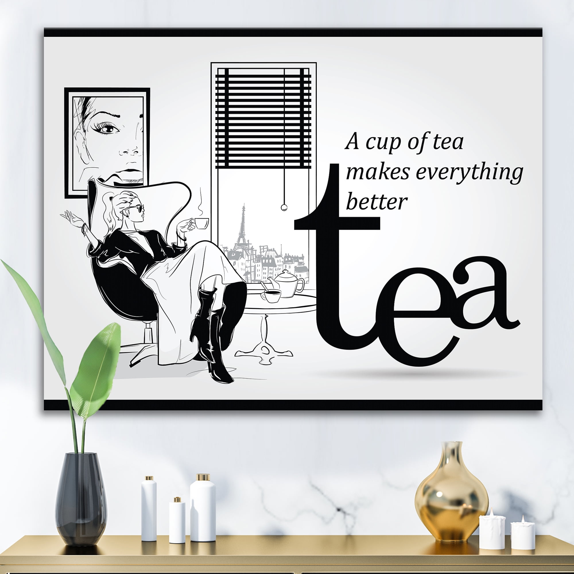 Designart ' Ancient Fashion Girl Drinking A Cup Of Tea ' Vintage Canvas Wall Art Print