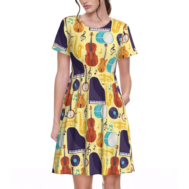 Balery Musical Instruments Vestidos sueltos de manga corta para mujer, vestidos de verano 2025, vestidos casuales de corte A con vuelo.