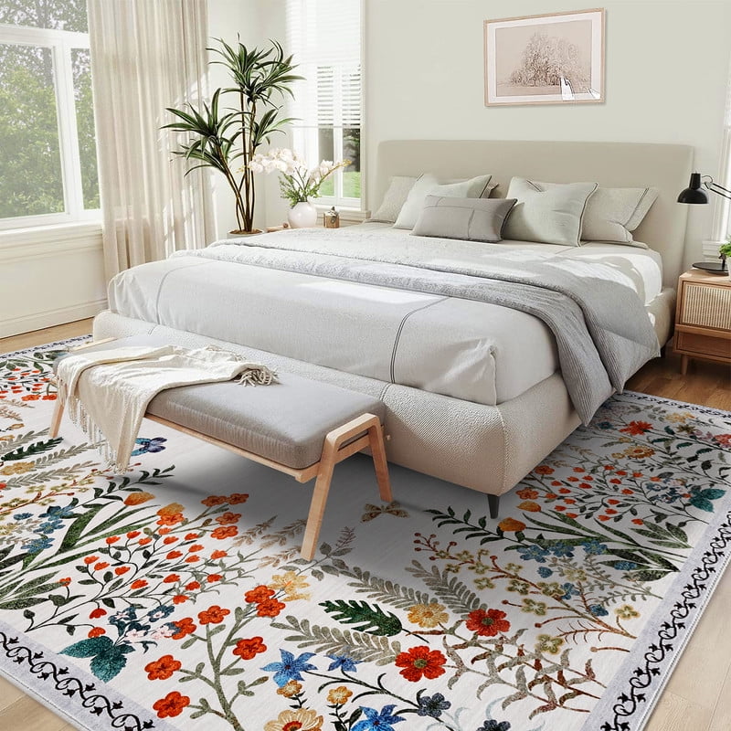 Washable 8x10 Area Rugs, Large Living Room Rug, Non-Slip Soft Floral Rugs for Bedroom, Botanical Area Rug Carpet for Dining Room Guest Room (Beige,8'x10')