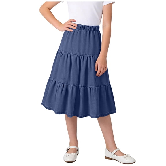 QTBIUQ Girls Midi Denim Skirt Elastic Waist Tiered Ruffle Skirt Casual Fashion Summer Skirt