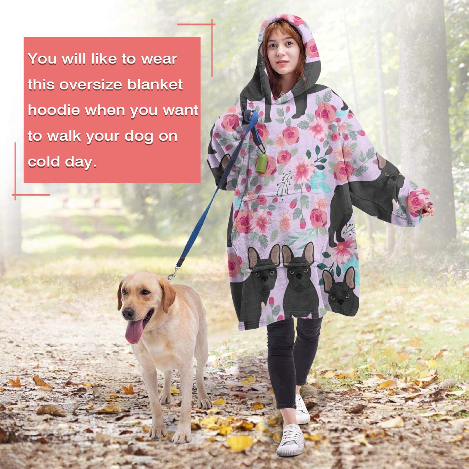 French Bulldog and Flower Wearable Oversized Blanket,Wearable Blanket Hoodie for Adults,Cozy Hooded Blankets with Super Pockets,Super Warm Fuzzy Pullover for Women & Men