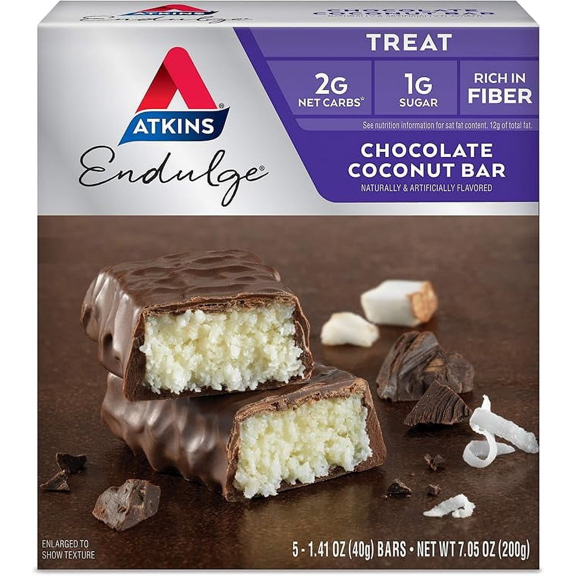 Atkins Endulge Chocolate Coconut Bar, Dessert Favorite, High in Fiber, 1g Sugar, 5 Count ( Pack of 2 )