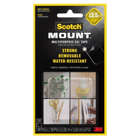 Scotch-Mount Multipurpose Gel Tape Squares, Clear, 1.18 in x 118 in, Holds 20 lbs, 8 Pack