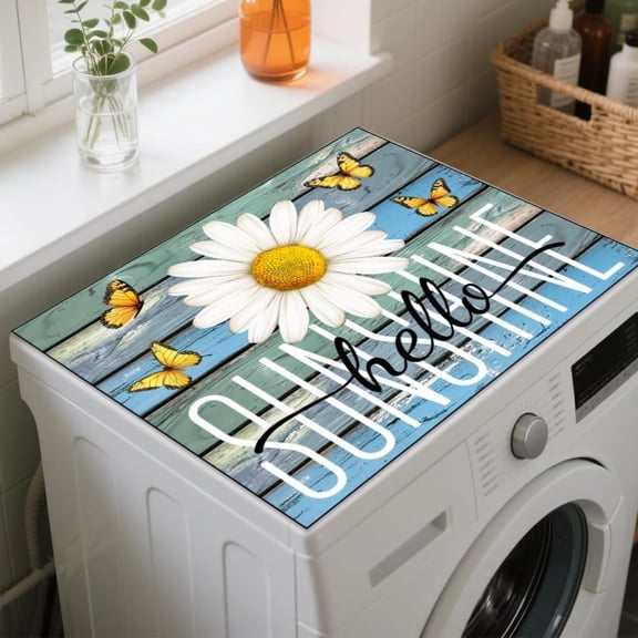 Washer Dryer Dust Cover Mat 23.6"x19.7", Hello Sunshine Daisy Butterfly Washing Machine Top Protector Pads Non Slip Washing Machine Top Covers for Laundry Room Living Room Desk