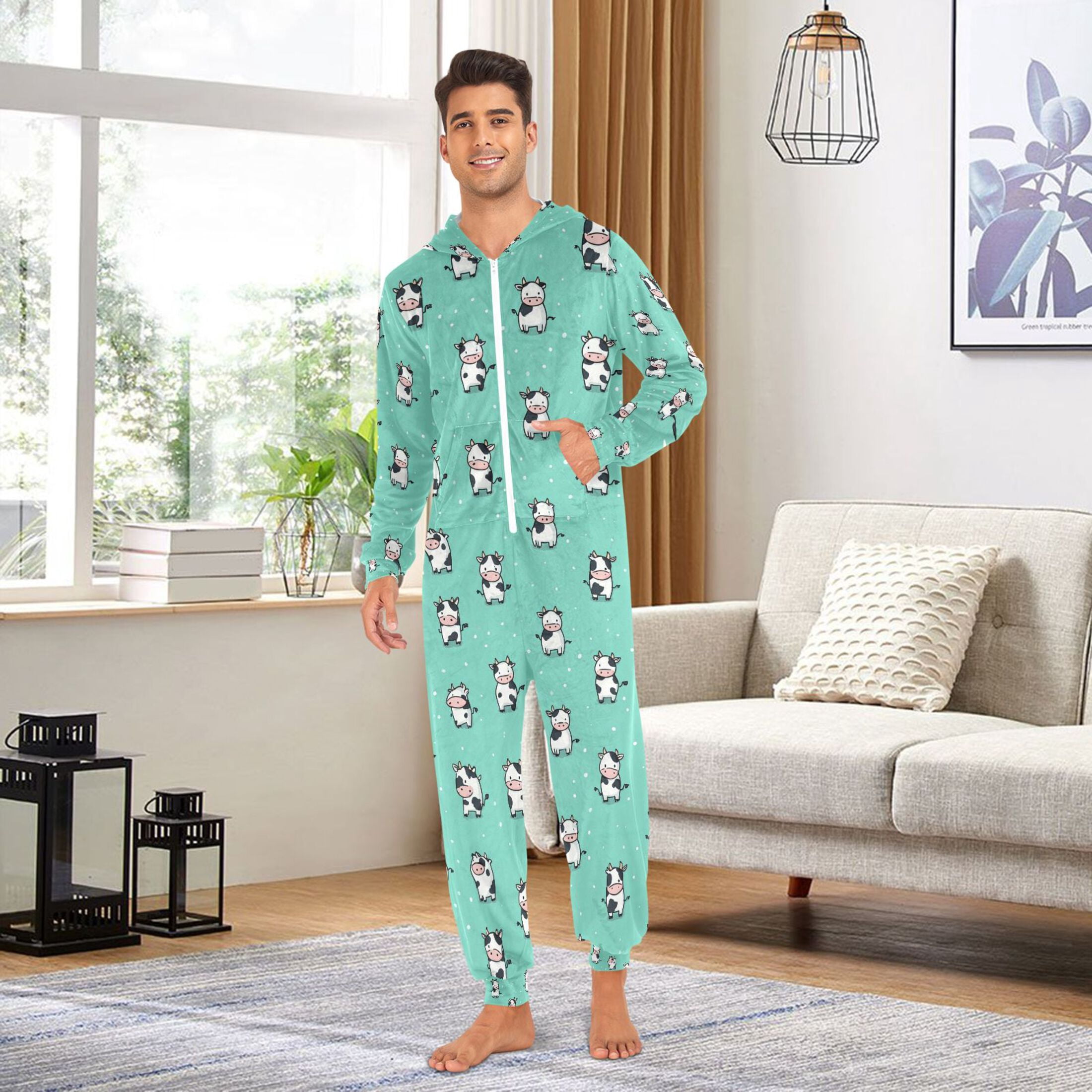 Adult Christmas Onesie Cute Cow Adult Zipper One-Piece Pajamas Unisex Pajamas with Pockets