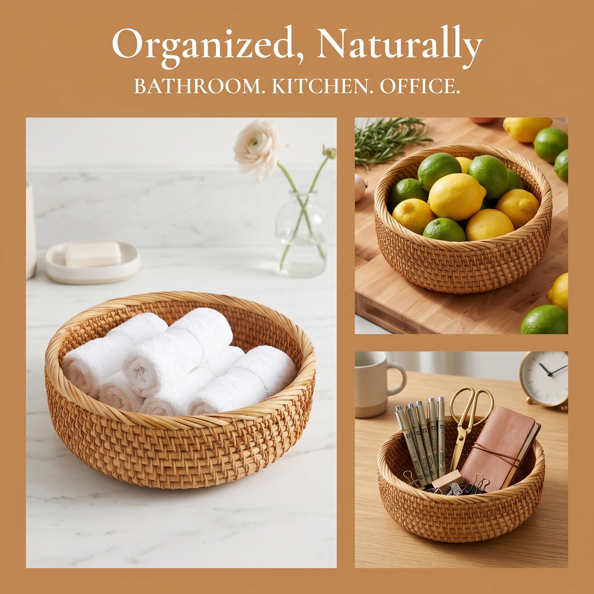 Unique Bargains Handmade Rattan Bowl Round Woven Basket Bamboo Brown 9.4*9.4*3.1inch