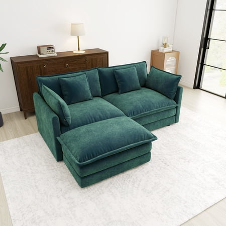76.7” Loveseat Sofa 2 Seater Modular Couch Green Chenille L Shaped Sectional for Living Room Cloud Couch with Ottoman Sofá esquinero