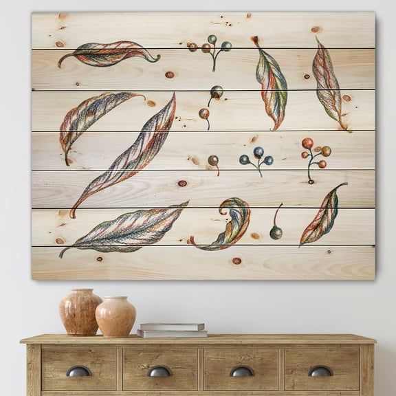 Designart 'Leaves and Berries Of Wild Grapes' Bohemian & Eclectic Print on Natural Pine Wood