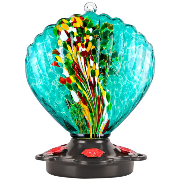 LUJII Mangeoire pour Colibris en Forme de Coquillage pour Extérieur Suspendue, Verre Soufflé à la Main, Base en Métal, Sans Fuite, 25 fl.oz, Verre d'Art Unique pour Décoration de Jardin et Extérieur, Idéal