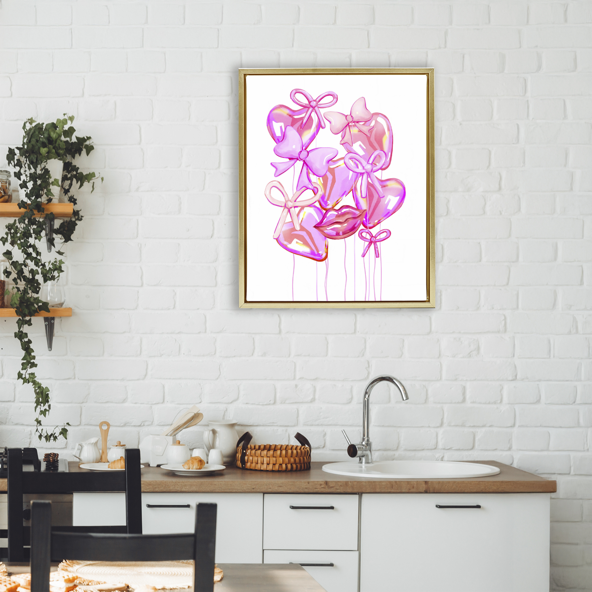 Pink Heart and Bow Balloons Gold Framed Floater Canvas Wall Art, design by Ziwei Li