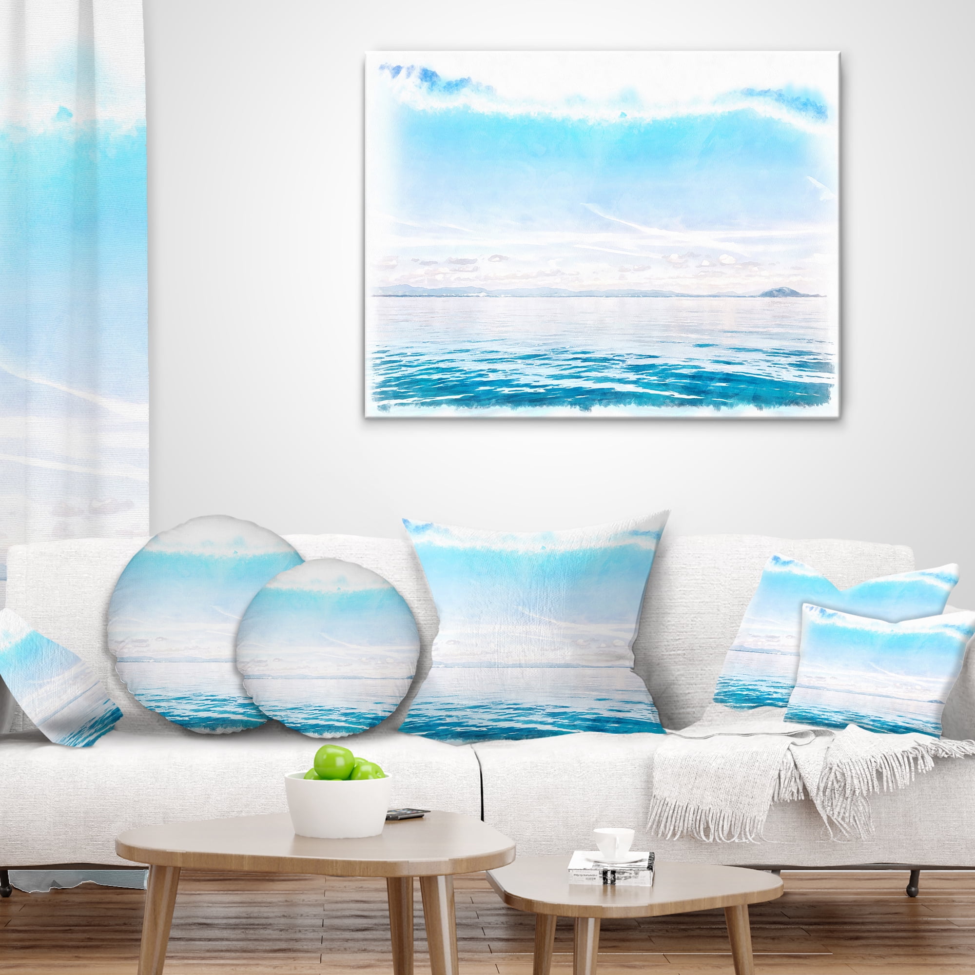 Designart Blue Horizon Digital Watercolor - Seascape Throw Pillow - 16x16