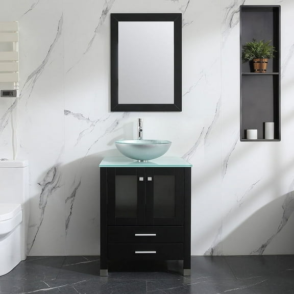 Walsport 24" Luxurious Bathroom Vanity and Sink Combo Cabinet with Silver Glass Vessel Sink and Faucet Pop Up Drain,Black