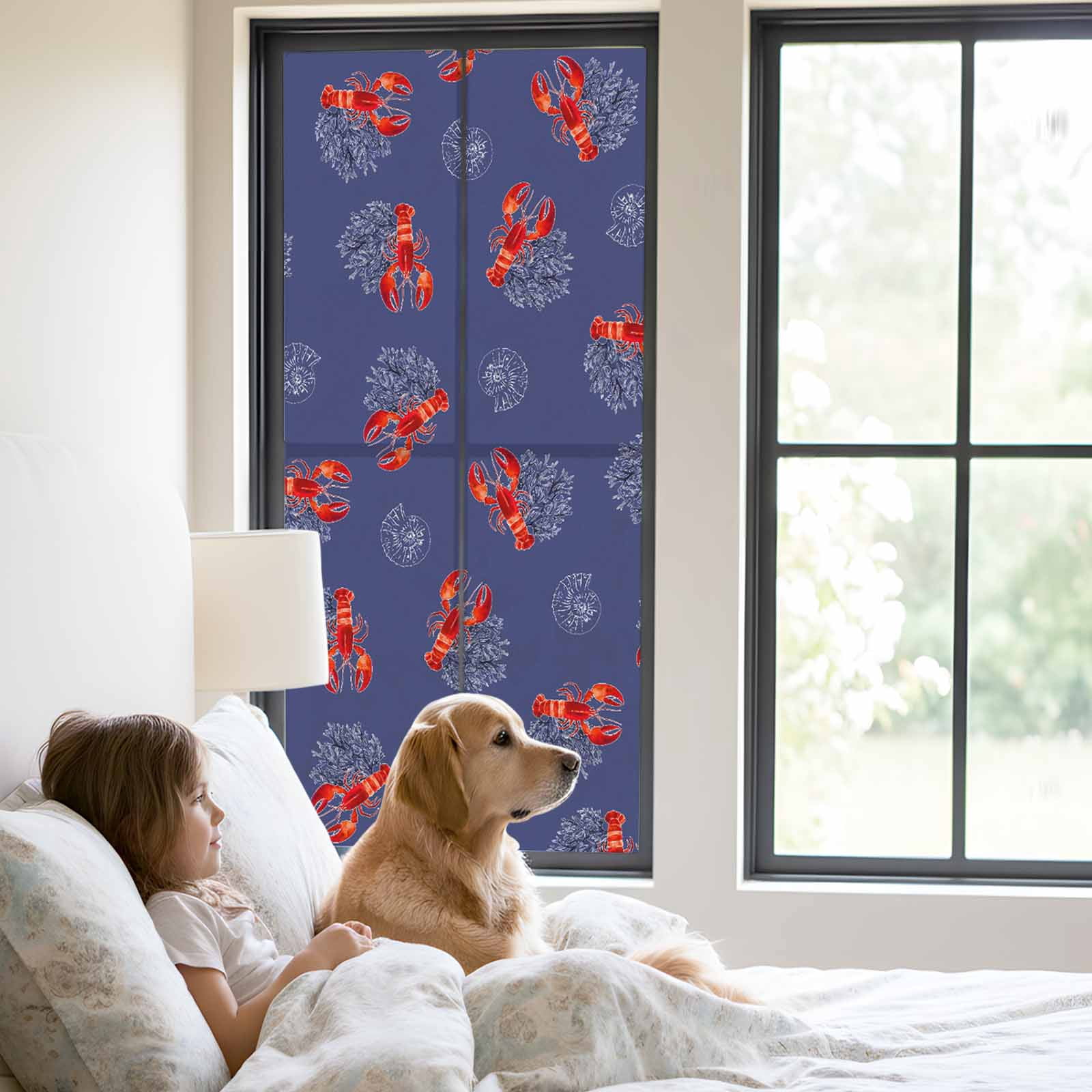 Marine Life Window Privacy Film, Vintage Red Lobster Shell Coral Frosted Glass Window Clings Static Cling UV Heat Blocking Reusable Door Sticker for Bathroom 23.6 x 59 Inch