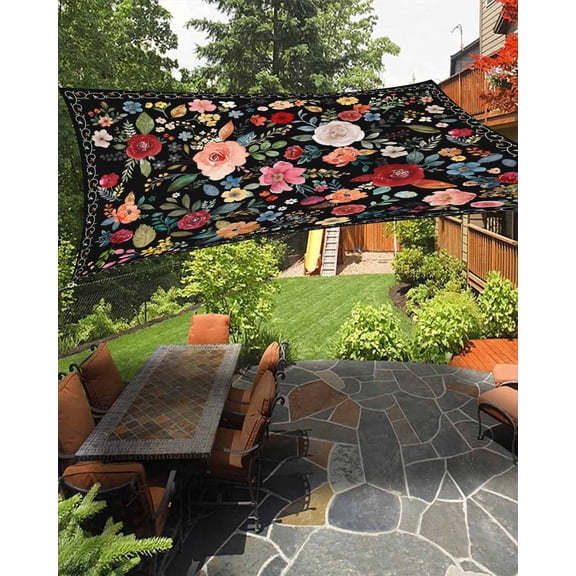 Sun Shade Sail 8'x10' Black Floral Rectangle Sun Shade Sails Canopy Waterproof Farmhouse Vintage Flower Outdoor Sunshades Sand UV Block Cover Shades Cloth for Patio Backyard Garden Deck Porch Lawn