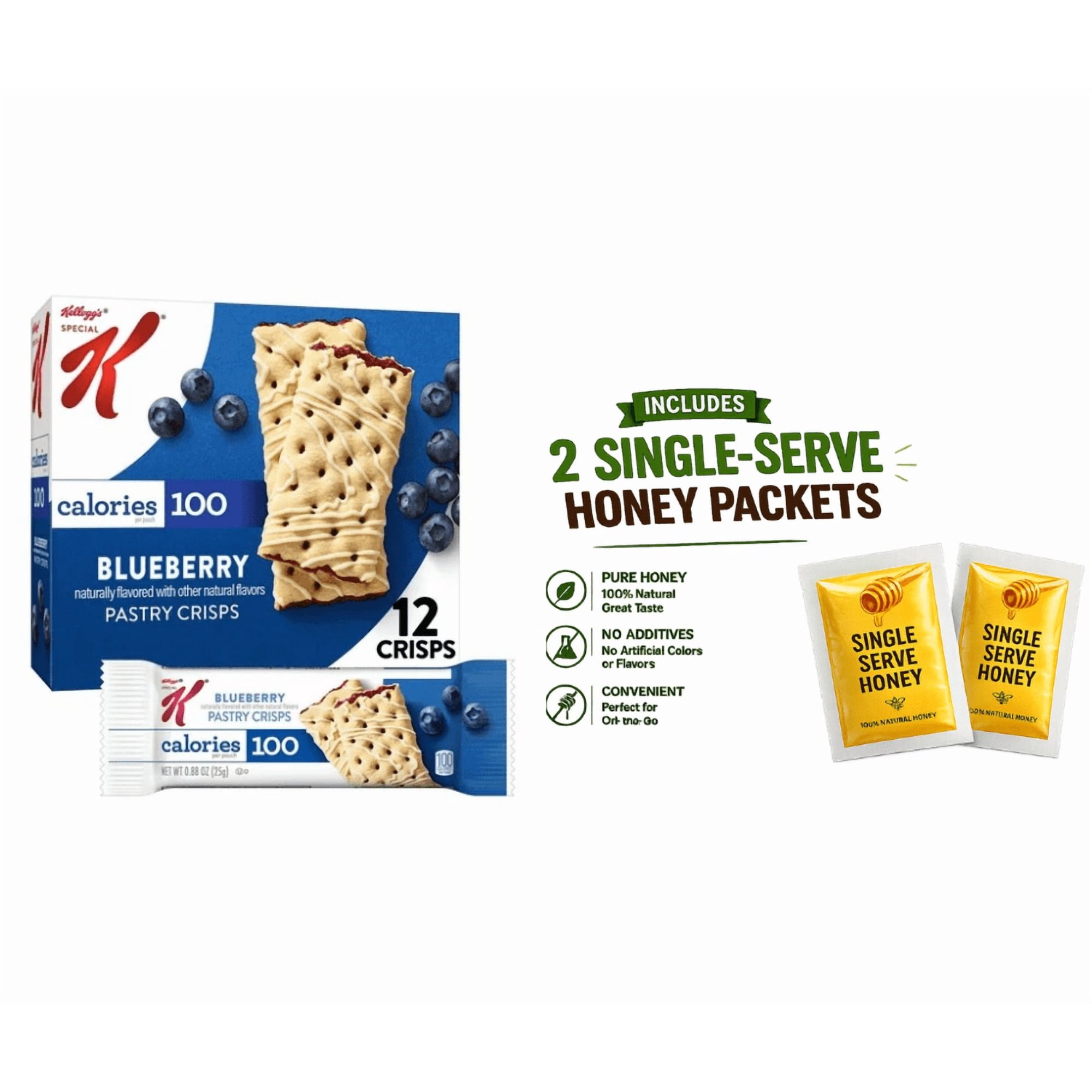 Special K Bar Blueberry Chewy Pastry Crisps, 100 Calorie Snacks, 5.28 oz, 12 Count,With two single serving Honey