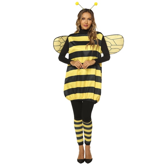 Diconna Women Kids Cosplay Costume Set Halloween Bee Dress with Wings Headband Leg Sleeves for Role-playing Accessories