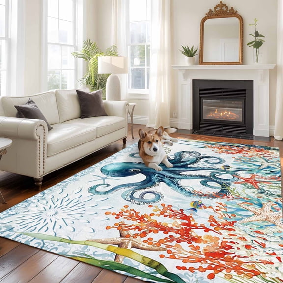 5'x8' Area Rugs, Octopus Coastal Indoor Outdoor Area Rug for Living Room Bedroom, Summer Beach Ocean Coral Starfish Washable Bathroom Rugs Kitchen Floor Carpet Mats Home Decor Aesthetic