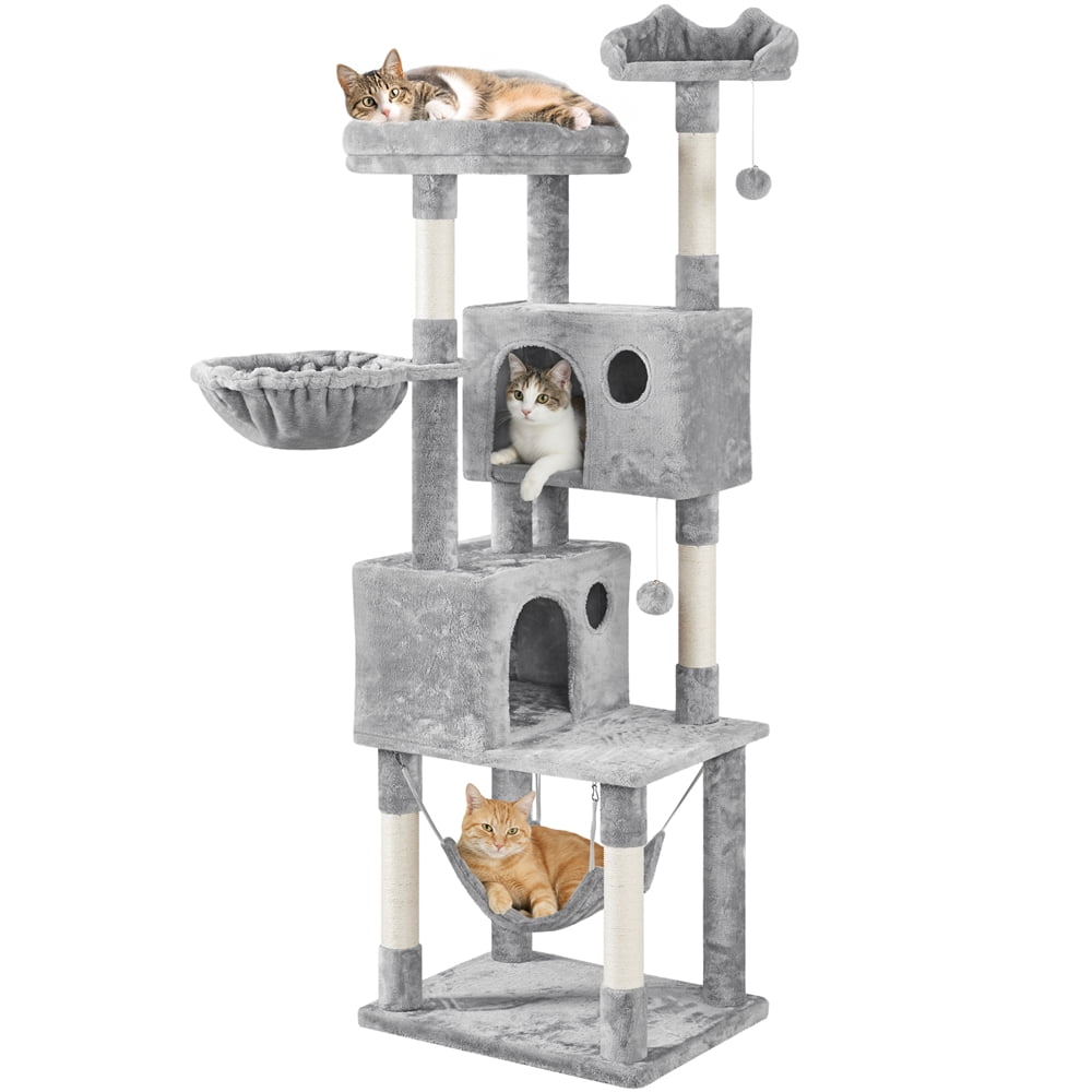 Yaheetech 73in Multilevel Large Cat Tree with Condos & Basket & Hammock, Light Gray