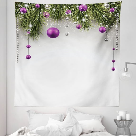 Christmas Tapestry, Tree with Tinsel and Ball with Present Wrap Ribbon Celebration Picture, Fabric Wall Hanging Decor for Bedroom Living Room Dorm, 5 Sizes, Purple Grey Green, by Ambesonne