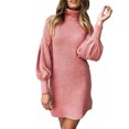 thumbnail image 1 of Vestido de mujer Cuello alto Manga larga Costilla Vestido corto de moda para mujer para ir de compras Citas Rosa 2XL, 1 of 5