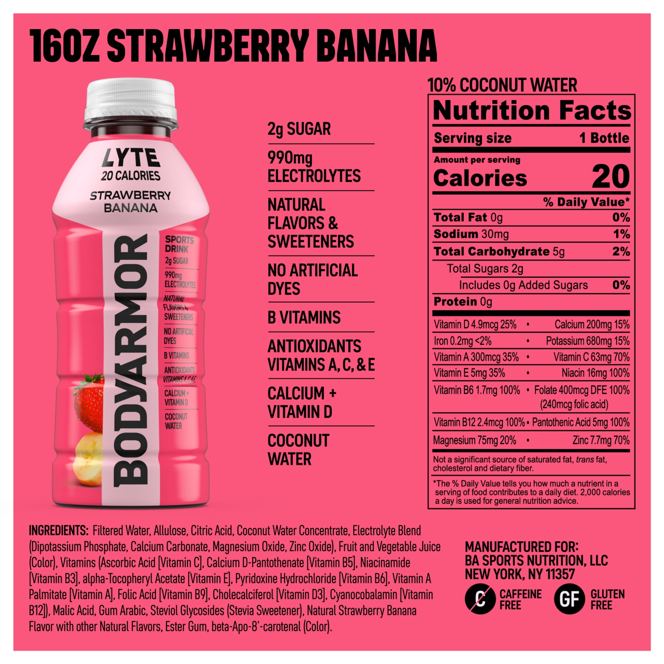 BODYARMOR Lyte Strawberry Banana Electrolyte Sports Drink, 16 fl oz, 12 Pack Bottles