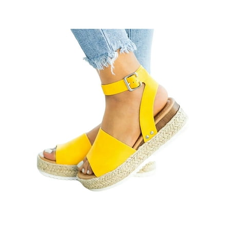 

Wazshop Ladies Casual Shoes Peep Toe Summer Sandal Ankle Strap Platform Sandals Fashion Buckle Heeled Shoe Womens Comfort Yellow 6