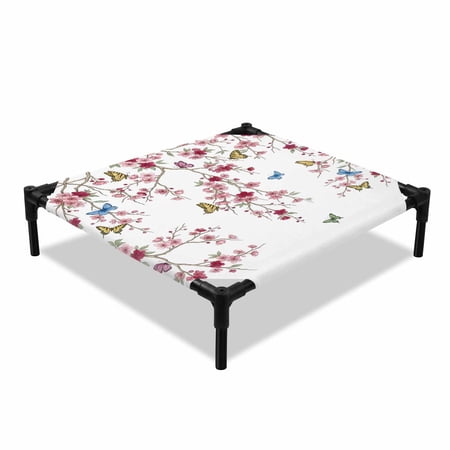 Spring Blossoms Butterflies Elevated Dog Bed Rustic Pink Flower Floral Branches Cooling Breathable Outdoor Raised Dog Cot Bed with Metal Frame Non-Slip Feet for Small Dog 20x20in
