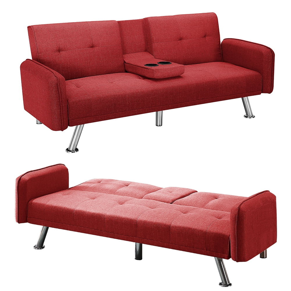 Cjc Convertible Folding Futon Sofa Bed Modern Loveseat Recliner With 2 Cup Holders Red 