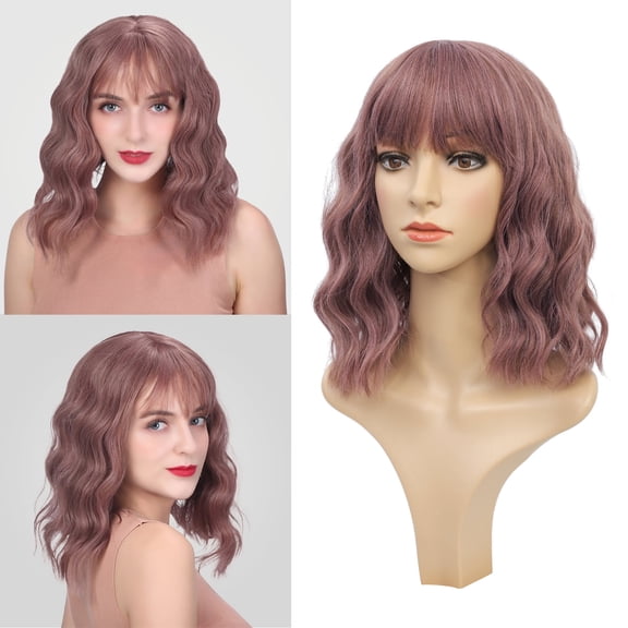 DAPRZIY Curly Bob Wig with Bangs 12 inch Short Wavy Light Maroon Wigs for Women Bang Wig Synthetic Wigs with Bangs