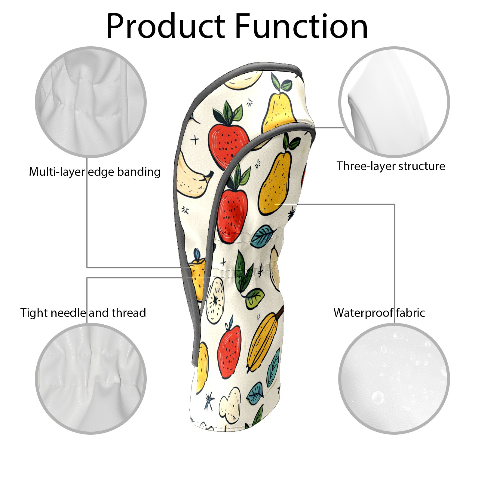 Golf Club Covers PU Leather Waterproof Head Covers for Fairway Woods Hybrids Fruit Pattern Unisex Fits Most Brands