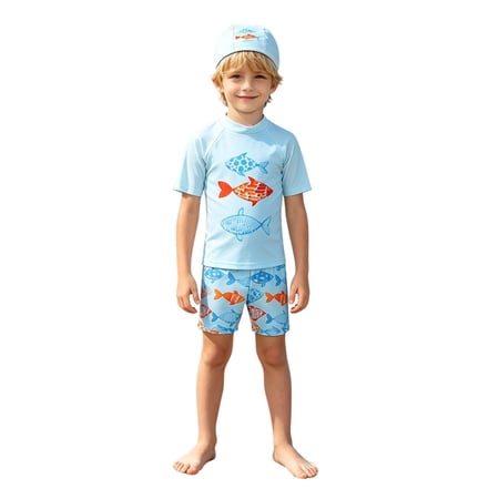 Rggeeun Boys Child Swimsuit Set 3Pc Cartoon Animal Pattern Short Sleeve Crew Neck Top & Elastic Waist Above Knee Trunks with Hat for Summer Vacation Beach Stretchy Swim Wear Multicolor 7-8 Years